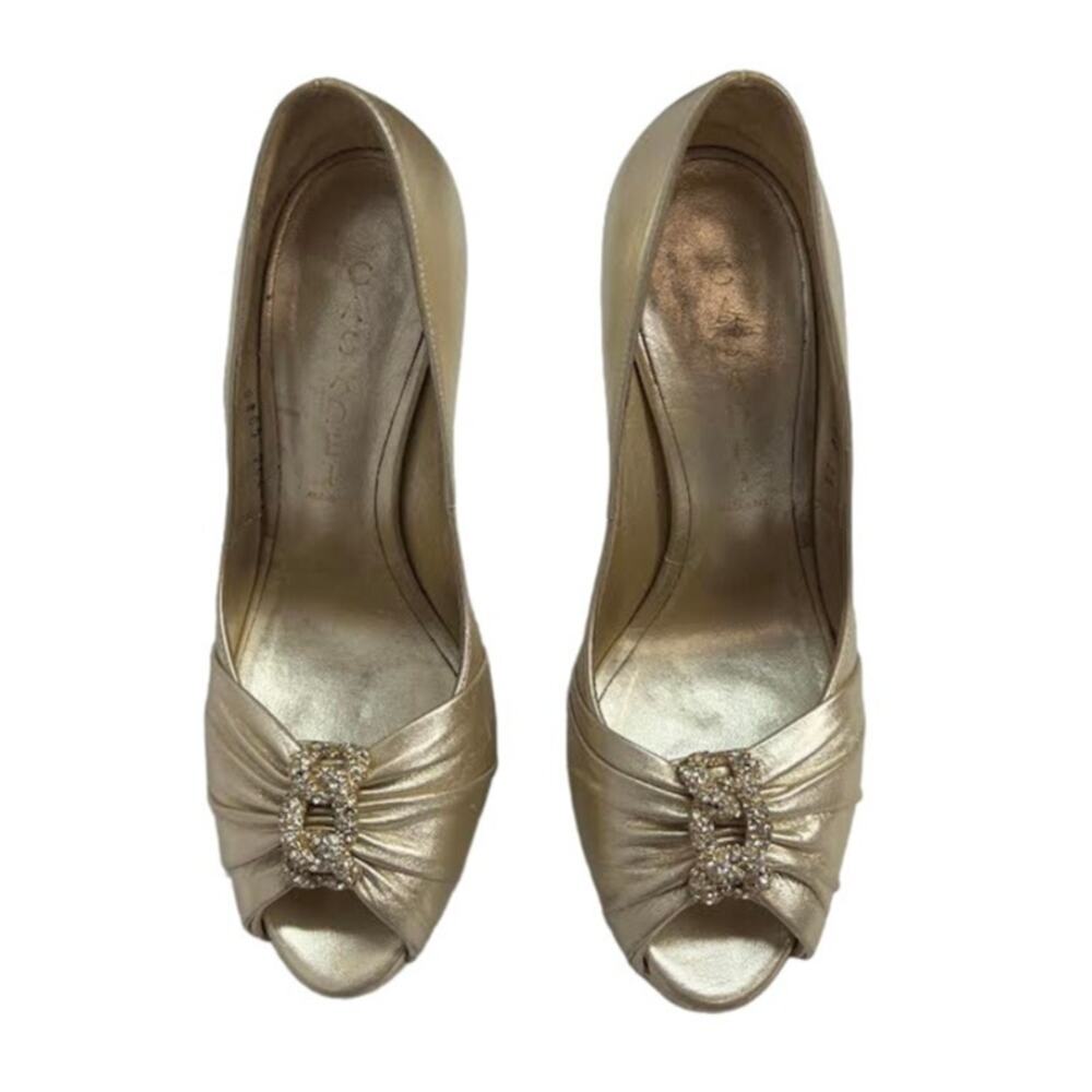 USED! CASADEI MCA096 Gold‎ Leather Peep Toe Pumps (US 6 EU 36 )